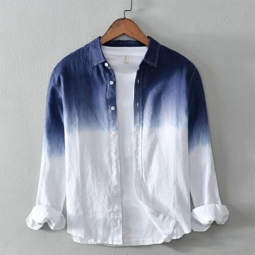 Mens Long Sleeve Shirt Pure Linen Fashion Hanging Dyed Gradient Button Chic Male Casual Tops Clothing Y3388