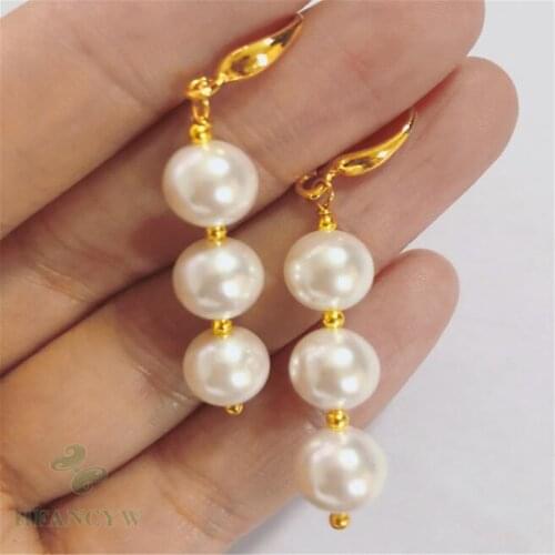 8mm White Shell Pearl Earring Gold Hook Tassel Ear Drop Dangle Classic Luxury Irregular Flawless Women Cultured Aurora