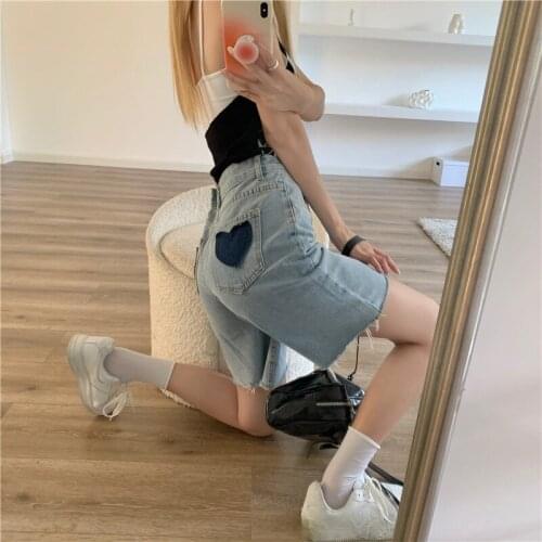 Summer Women Shorts Vintage High Waist Love Print Casual Jeans Shorts Korean Loose Straight Denim Pants Harajuku All-match Short