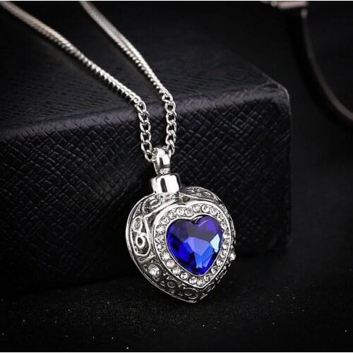 Urn Cremation Heart Blue Crystal Pendant Ash Holder Memorial Necklace Jewelry