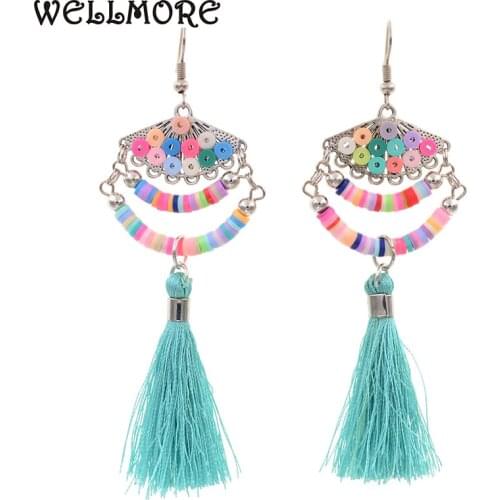 WELLMORE new fashion 8 colors Colorful trendy long tassel earrings for women drop earrings wholesale