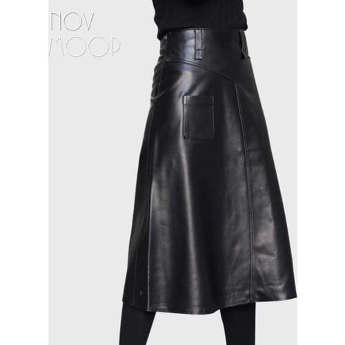 Novmoop sheepskin genuine leather women flare hem half calf length skirt graceful elegant style Jupe en cuir français LT3360