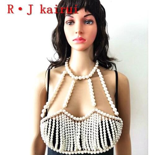 New RJPE12 Fashion Women Gold Chains Layers Imitation Pearls Top Bra Chains Body Costume Jewelry 2 Colors