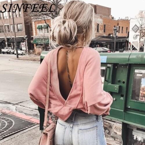SINFEEL 2018 Autumn Winter New Fashion Solid Color Sexy Backless Hoodies Women V Pattern Pullover Sweatshirt Female Tracksuit
