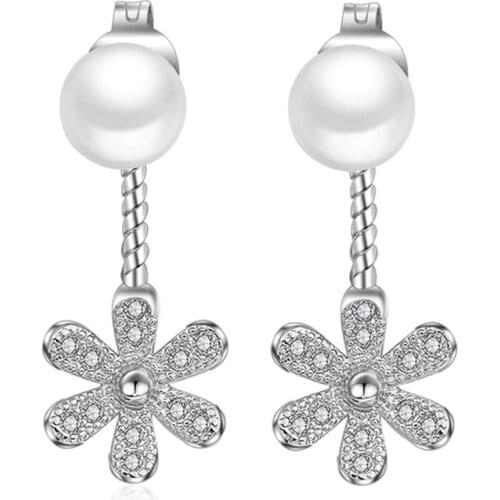 100% 925 sterling silver new arrival pearl crystal flower ladiesstud earrings women wholesale jewelry birthday gift