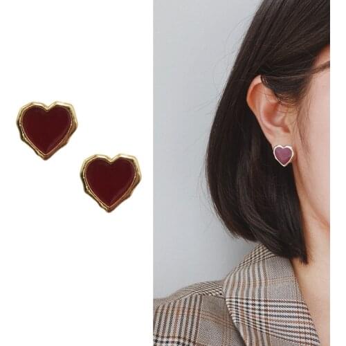 Vintage wine red Heart Clip on earrings Women claret Simple small Love Heart Shape ear clips Earrings Without Piercing For Women