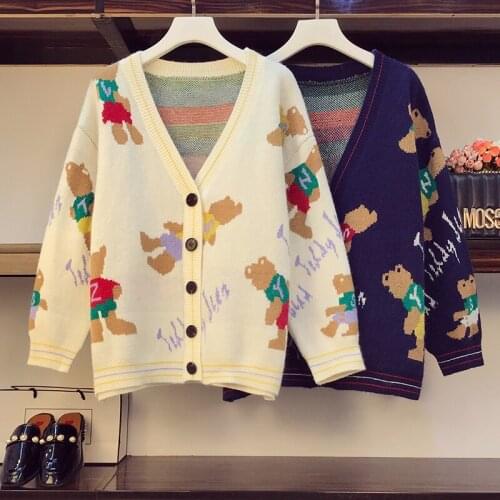 Womens V-neck Cardigan Sweater Autumn Loose Sweet Heart Printed Single-Breasted Knitted Coat for Women knitted cardigan