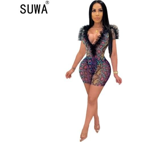 2020 special design feathers spliced fashion lady suits sexy deep v-neck bodysuits + tight shorts 2 piece set sexy beach set