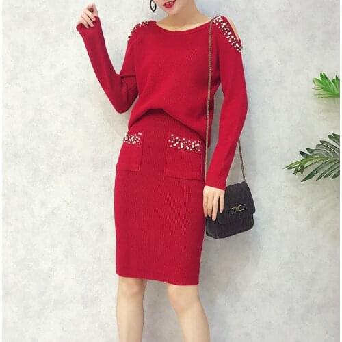 Amolapha Women Peals Sweater Tops Skirt Suits Long Sleeve Off Shoulder Pullovers Elegant Woman Knitted Jumpers Skirts Set