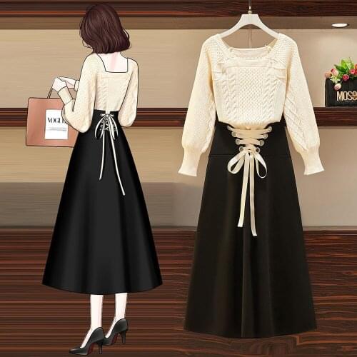 Plus Size Women Elegant Two Pieces Sets Korean Casual Long Sleeve Knitted Sweater Top And Bandage Long Skirts Winter Suits 3XL