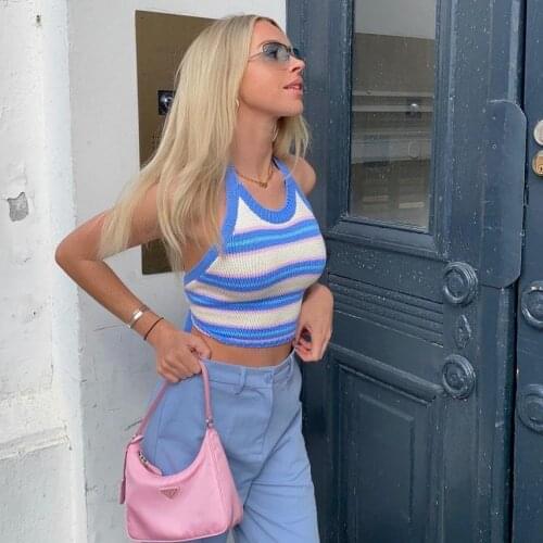 JUNWU Summer Womens Blue Striped Halter-neck Suspender Halter Design Bow Tie Knitted Halter Top Sexy Casual Za Street Style