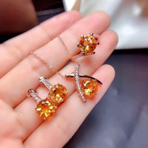 925 Sterling Silver Natural Citrine Jewelry Sets Ring Pendant and Earrings For Women Party Fine Jewelry Citrine Crystal Sets
