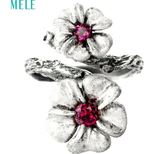 MELE Natural garnet 925 sterling silver ring for women, 13mm and 10mm for Plum blossom flowers size vintage gemstone jewelry