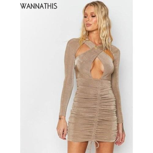 WannaThis Hollow Out Womans Dress Drawstring Criss Mini Dress Backless Sexy Long Sleeve Solid Party Streetwear Dress 2021Autumn