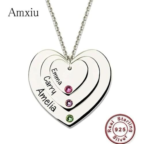 Amxiu Personalized Three Heart Pendant Necklace 925 Sterling Silver Necklace Engrave Name Necklace with Birthstone Women Jewelry