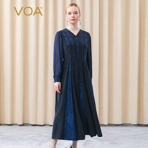 VOA 30M/m Silk Chicken Heart Contrast Material Splicing Long Sleeve Loose Waist Comfortable Big Swing Skirt AE582 Woman Dress