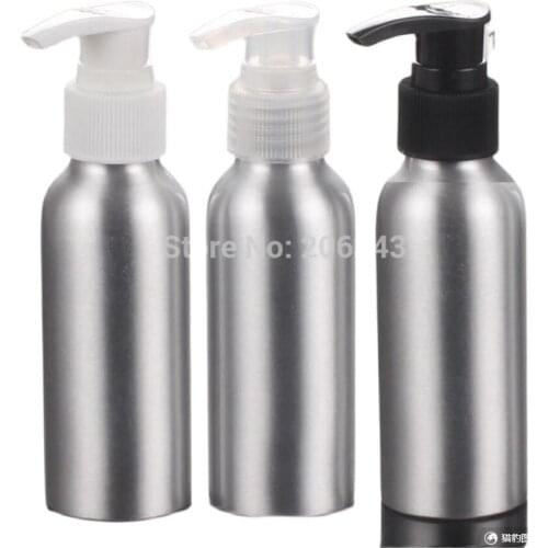 100pcs 100ml Aluminium bottle metal bottle with white /black/ transparent lotion press pump