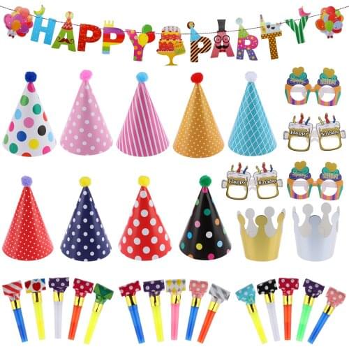 31 PCS Cute Happy Birthday Banner Birthday Party Hats with Pom Poms