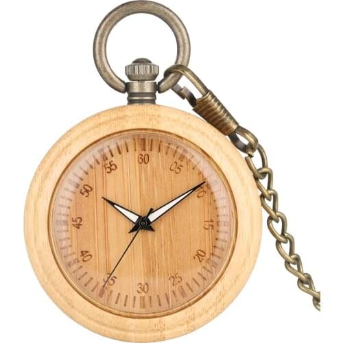 Bamboo Pocket Watch Necklace Unique Arabic Numerals Dial Retro Bronze Rough Chain Pendant Watches for Female taschenuhr