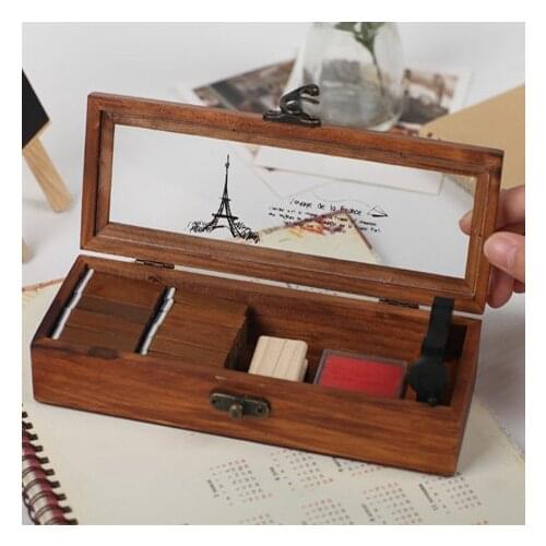 Free Shipping Transparent lid retro old wooden pencil box wood jewelry box wooden tower multifunctional stationery box
