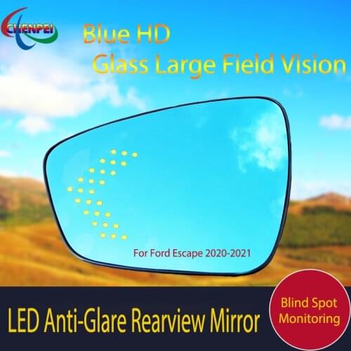 Large View Blue Mirror Anti-Glare Electrically Heated Rearview Mirror With LED Turn Indicator For Ford Escape 2020-2021