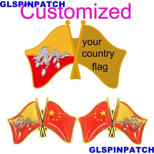 Bhutan Crossed Friendship Flag Double Country lapel pin Brooch USA UK France Chile Russia Saudi Arabia Japan Spain Badge
