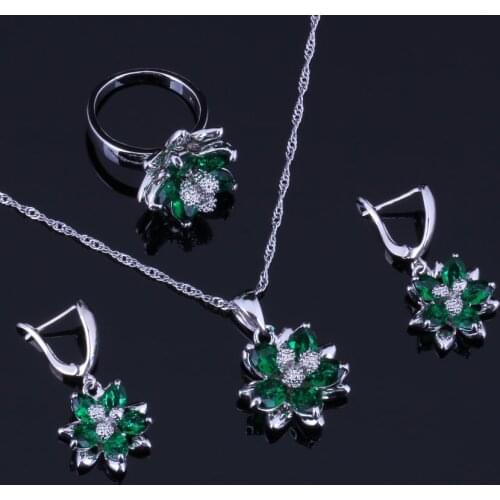 Wonderful Flower Green Cubic Zirconia White CZ Silver Plated Jewelry Sets Earrings Pendant Chain Ring V0295