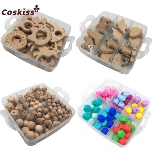 Baby Teether 4 Boxed Beech Animal Teether Wooden Beads Pacifier Clip Silicone Hexagon Beads DIY Baby Teething Necklace