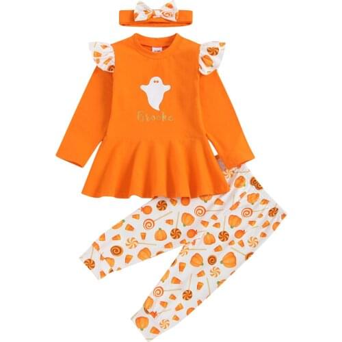 3Pcs Kids Halloween Tracksuit Ruffle Long Sleeves Blouse Tops + Pumpkin Print Pants + Headband Baby Girl Autumn Clothes