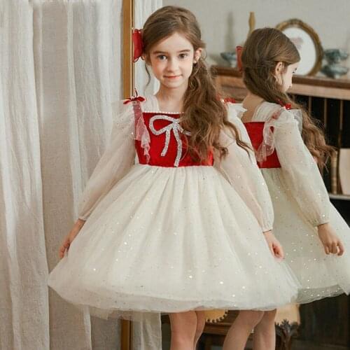 Kids Lace Mesh Princess Dress For Girls Spring Long Sleeve Clothes Childrens Gown Wedding Party Dress Cute Bow Dresses Clothing