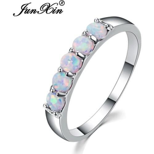 JUNXIN Top Quality Silver Color Best Wedding Bands Jewelry Unique Round White Fire Opal Rings For Women Lover Gift