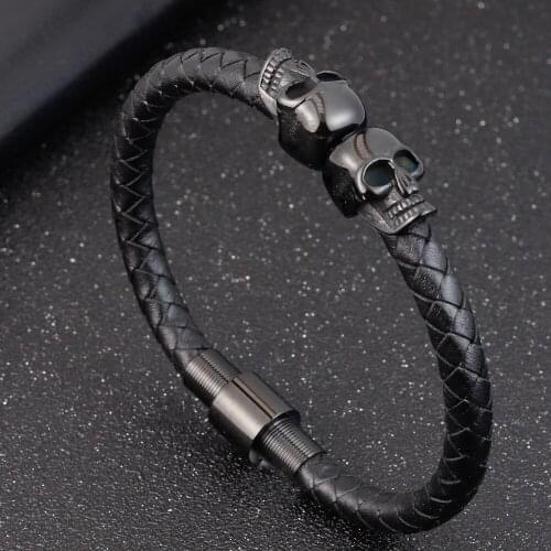 LAMEMDEE Men Jewelry Black Braided Leather Bracelets Men Stainless Steel Leahter Bracelets Cool Skull Bracelets Men Bracelet
