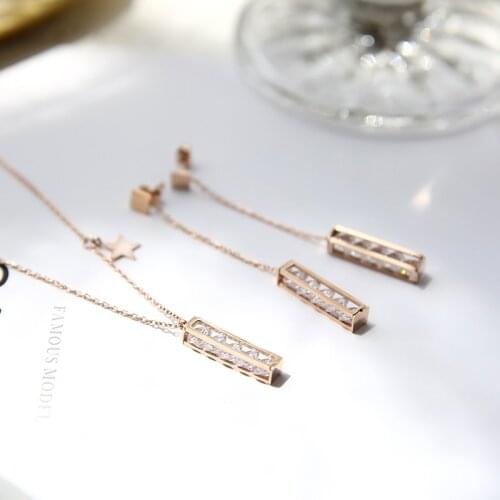 YUN RUO Rose Gold Five Zircon Flower Stud Earring Necklace Set Titanium Steel Fashion Jewelry woman Birthday Gift hypoallergenic