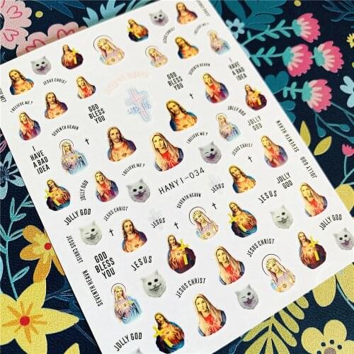 Newest HANYI-34 Jesus 3d nail art sticker nail decal stamping export japan designs rhinestones decorations