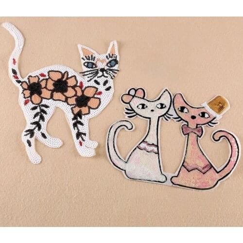 New Cartoon Paillette Flower Cat Embroidery Appliques 3D Diy Big Sequined Lover Cats Appliques Sewing On Clothes Stickers