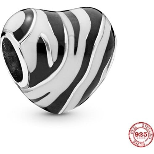 New 925 Sterling Silver Bead Black and White Striped Heart Charm ​Fit Original Pandora Bracelet DIY Jewelry For Women Diy Jewelr