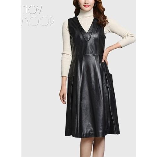 Novmoop genuine leather sheepskin sleeveless double-layer collar dress Vestido sin mangas de cuero para mujer LT3240