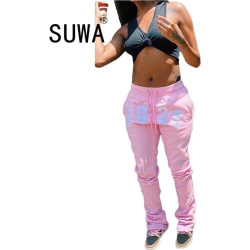 2828 Number Printed Casual Cargo Trouser Women High Waist Pants Drawstring Baggy Sweatpant Workout Joggers Leggings Streetwear