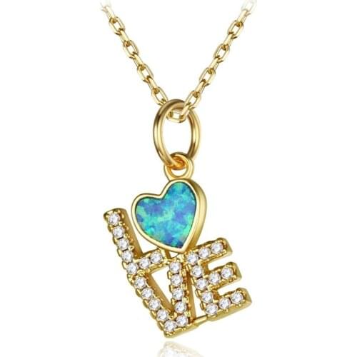 Romantic Couple Heart Love Chains Necklaces Blue Opal Pendants Necklace Women Gold Color Chain Collares Valentines Day Jewerly