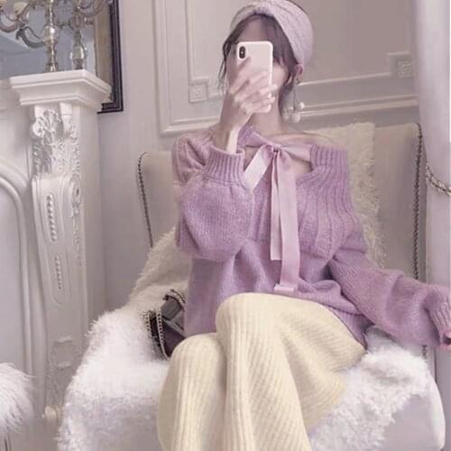 SMTHMA 2021 Women Winter Knitted Suits Bow Lacing Up Long Sleeved Loose Sweater +Wide Leg Pants Female 2pcs Casual Sets