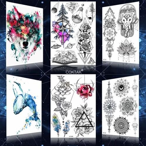 Flash Triangle Compass Rose Lotus Tree Fake Temporary Tattoos Stickers Women Body Arm Waterproof Tattoo Peak Ankle Tatoos Paste
