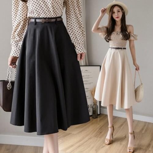 TingYiLi Vintage High Waist Belted A-line Midi Skirts Womens Summer Flare Black Beige Skirt Korean Elegant Ladies Office Skirt