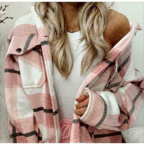 Womens Check Fleece Casual Jacket Shacket Tunic Oversized Baggy Tops Streetwear Overcoats Female Jackets Coat Chic Pockets
