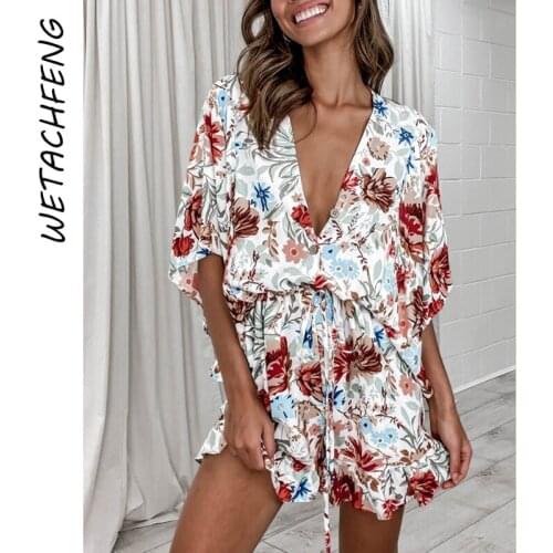 Floral Printed Womens Romper Shorts Dress Sexy V Neck Ruffles Summer Overalls Female One Piece Outfits Playsuits Loose Clothing