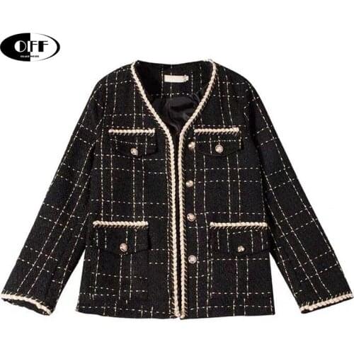 Designer Tweed woman coat black v-neck Single-breasted long sleeve elegant Cardigan casual plaid jackets coats women clothes