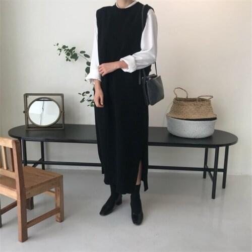 Women Vest Knitted Dresses Long Loose O Neck Sleeveless Sweater Pullover Female Autumn Winter Korean Side Split Warm Gilet Robe