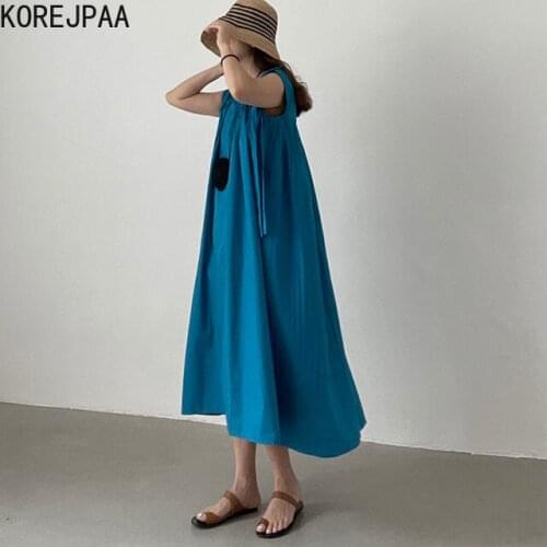 Korejpaa Women Dress 2021 Summer Korean Chic Retro Round Neck Drawstring Wrinkle Design Loose Flying Sleeve Large Swing Vestidos