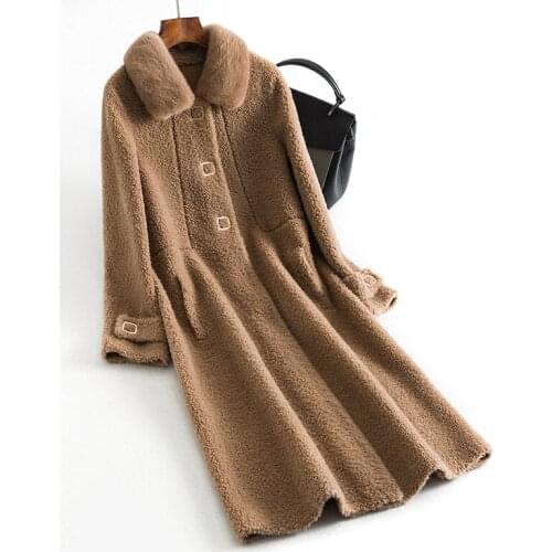 2020 Long Real Fur Coat Women 100% Wool Fur Coats and Jackets Mink Fur Collar Korean Winter Jacket Manteau Femme Fourrure KJ5568