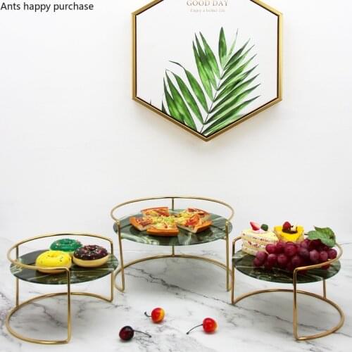 Dessert Table Golden Metal Cake Pan Marbling High Foot Fruit Tray Tempered Glass Cake Display Stand Decorative Dessert Rack