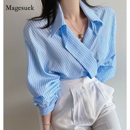 Elegant V-neck Loose Female Blouse Striped Gentle Chic Pocket Women Shirts Summer Autumn 2020 Lady White Tops Blusas Mujer 12375